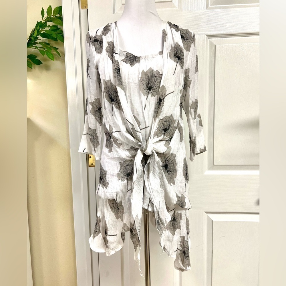 CHRISTINE PHILLIPE Grey Crinkle floral Print front tied Tunic dress boho size M
